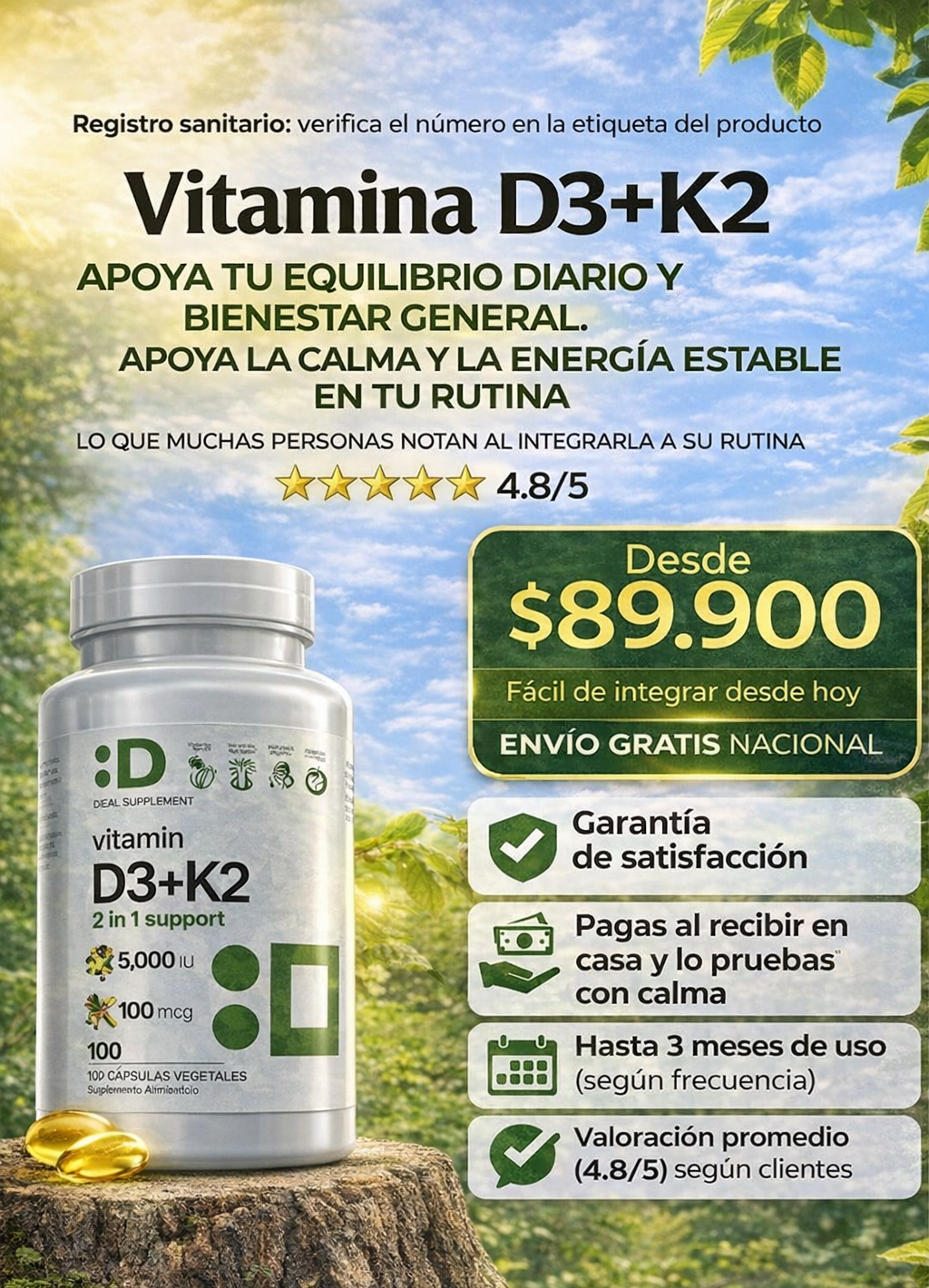 Vitamina D3+K2 Premium Huesos Fuertes Defensas Activas