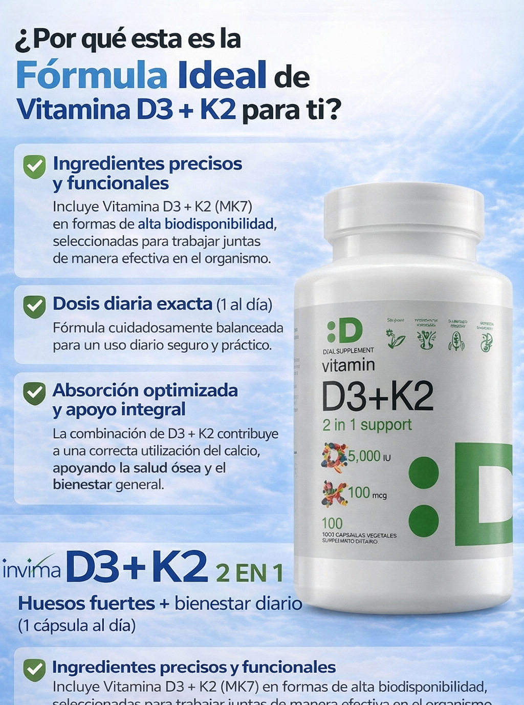 Vitamina D3+K2 Premium Huesos Fuertes Defensas Activas